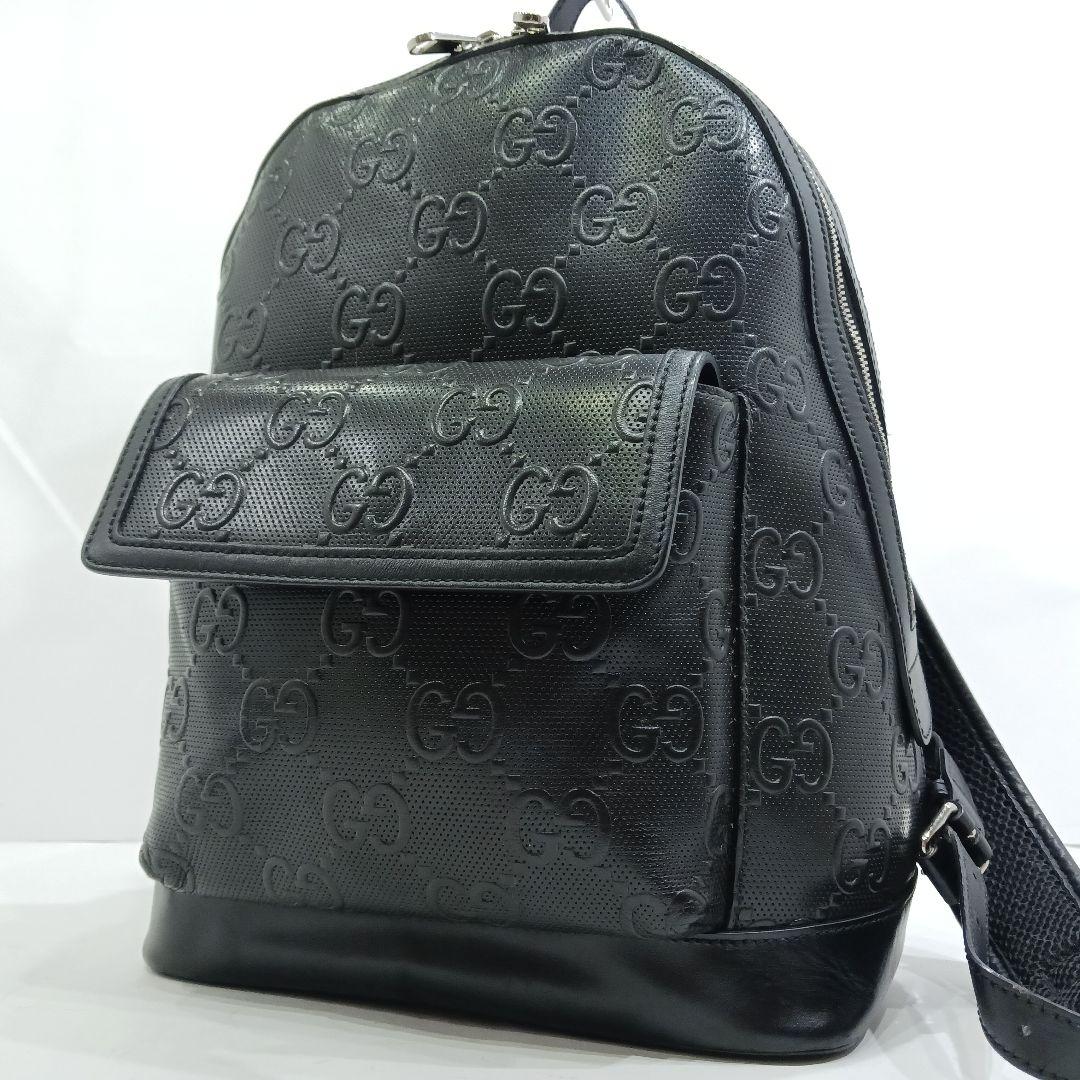 【美品】グッチ リュックサック バックパック レザー A4可 GGエンボス 黒