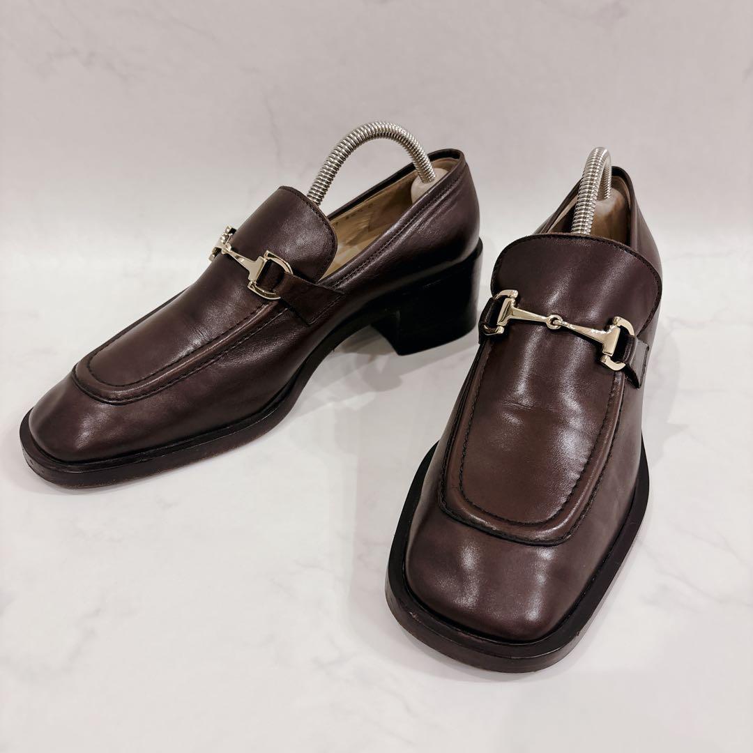 GUCCI グッチ スクエアトゥ チャンキーヒール　ホースビット ブラウン 茶