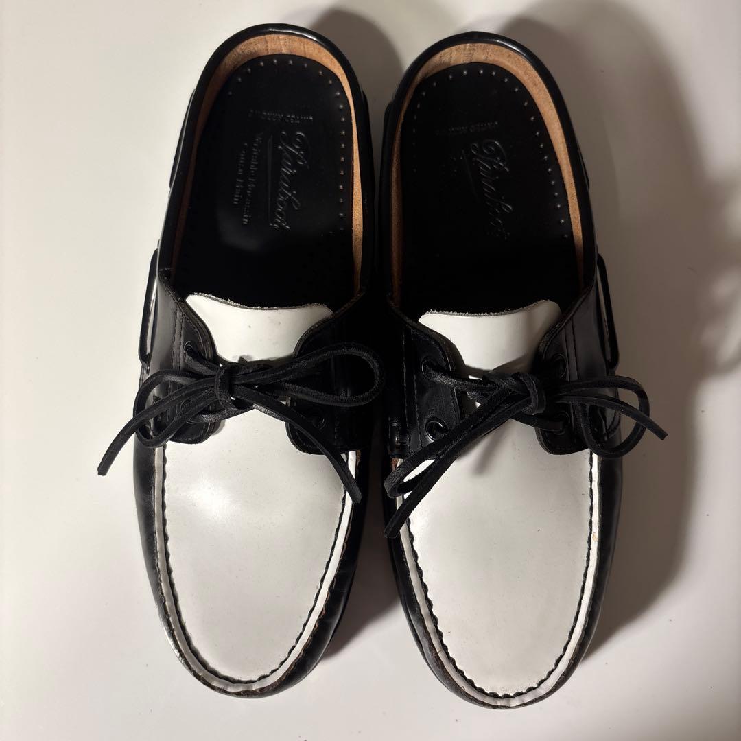 パラブーツ　シャイニースリッパ　ブラック/ホワイト レザー