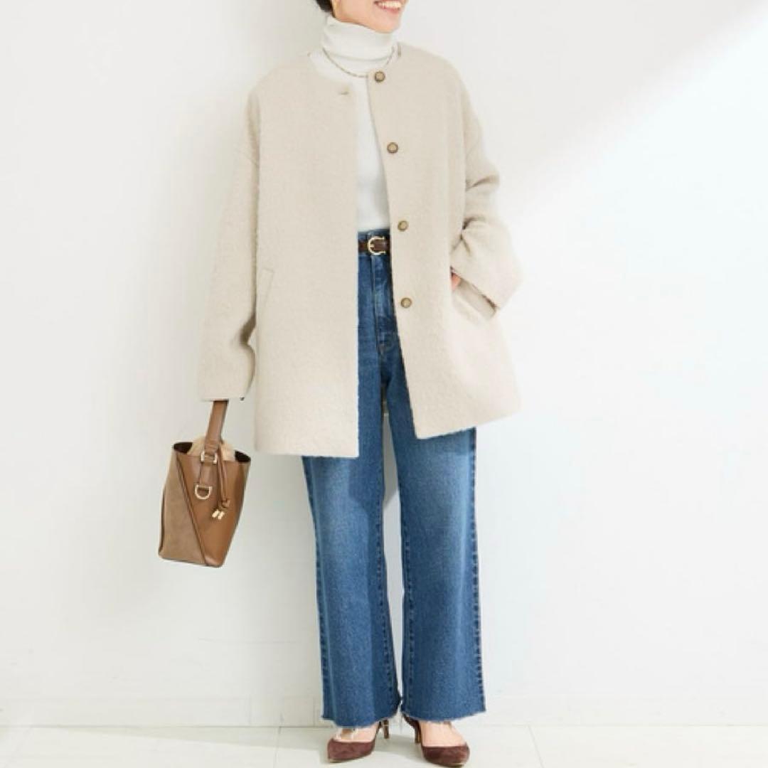 極美品 シンプリシテェ 24AW ブークレーノーカラーミドルコート ふんわり