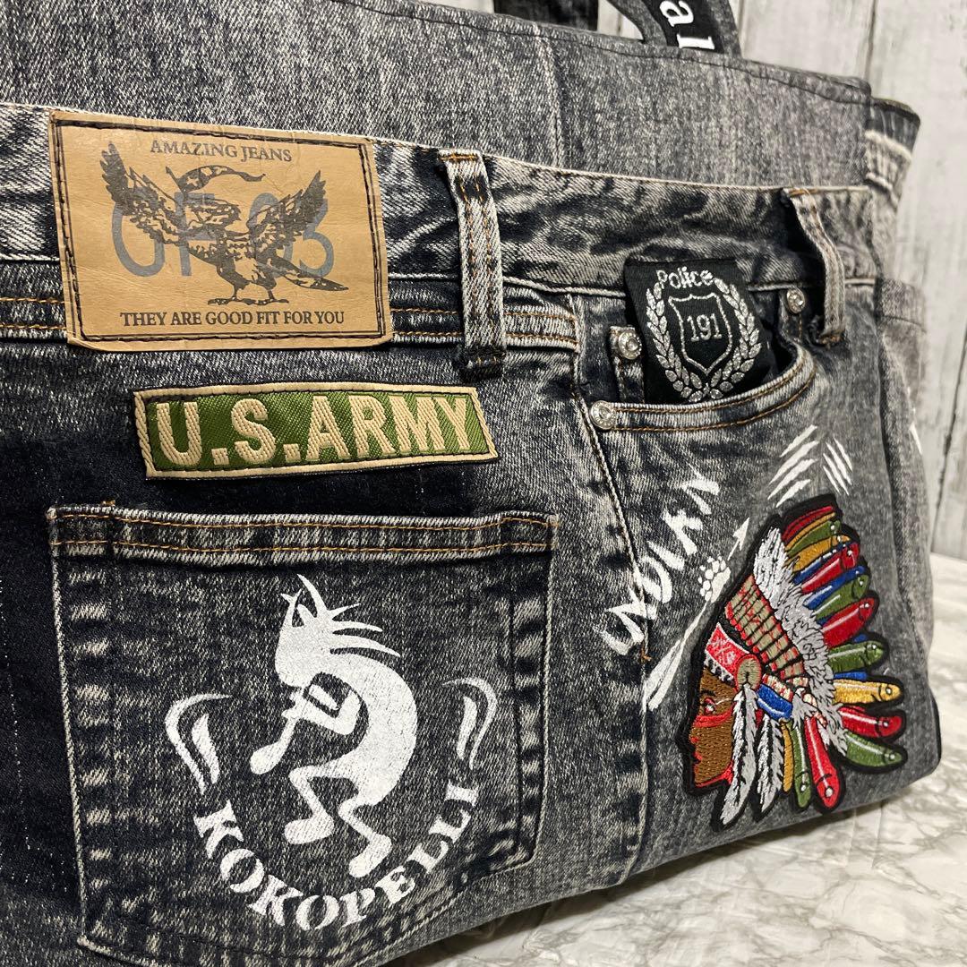 No.523デニムリメイクバッグ　トートバッグ　インディアン　ココペリ 男前