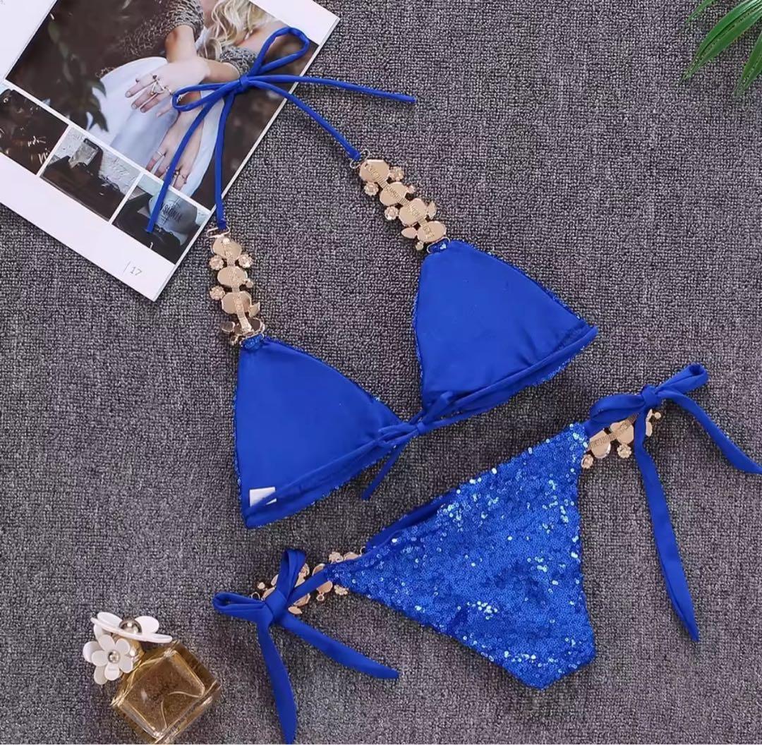 【新品】競技用ビキニ　大会　コンテスト　ピアス付き　青　ブルー