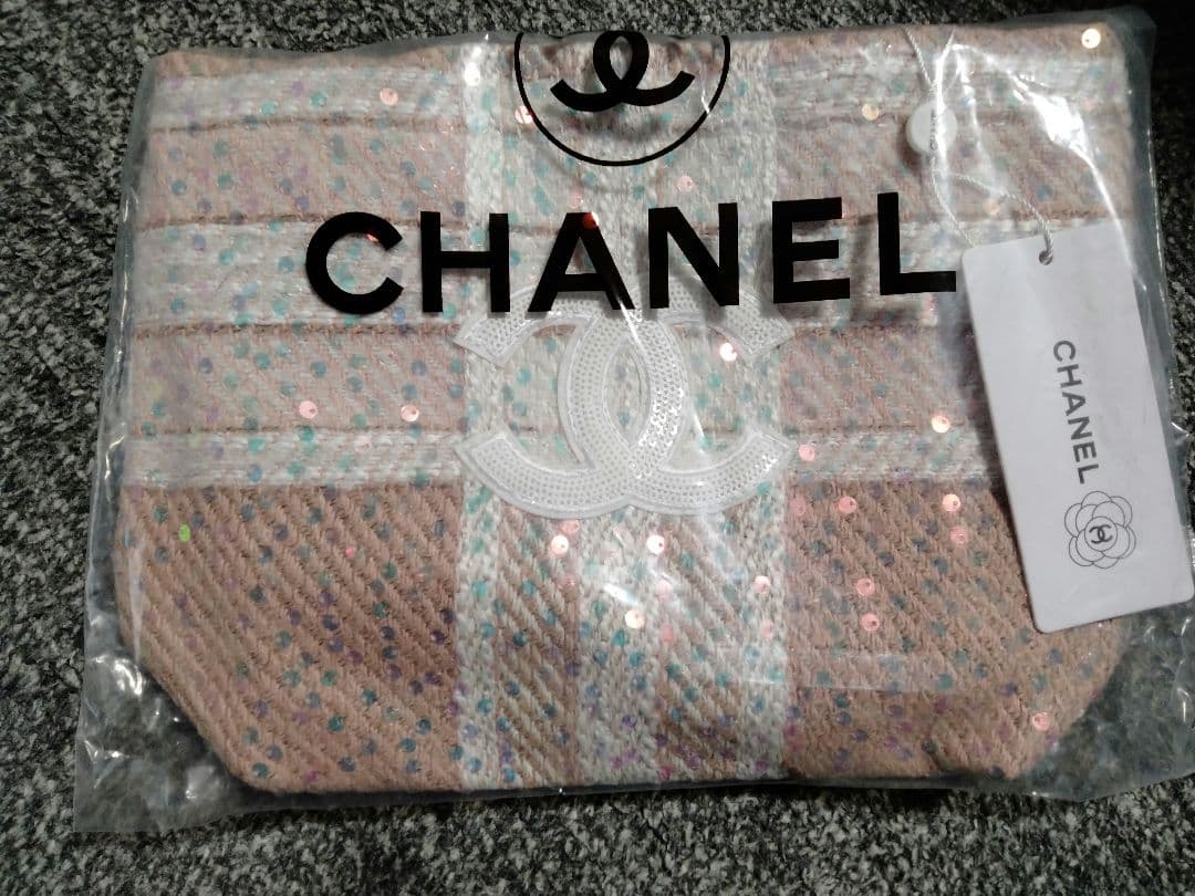 CHANEL ノベルティ ツイード スパンコール トートバッグ ピンクベージュ