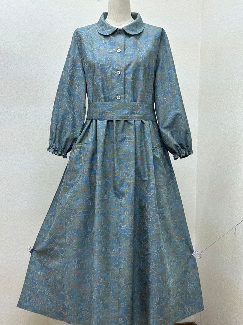 着物リメイク　紬ワンピース前ボタン　 Lサイズ