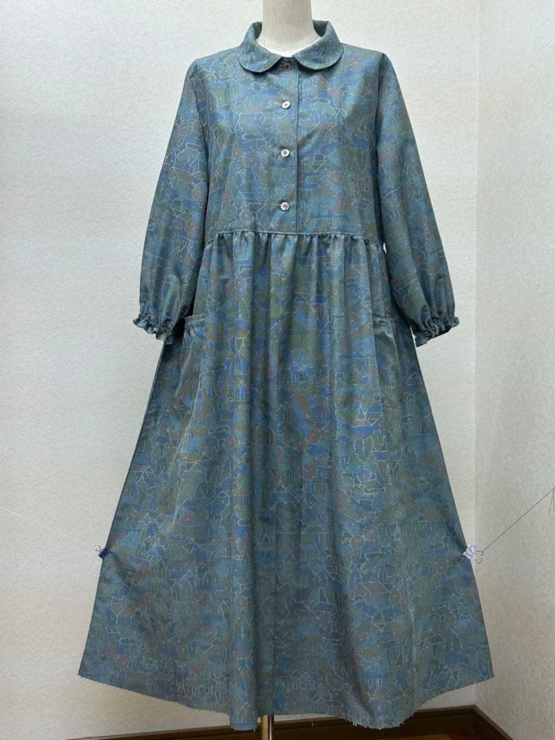 着物リメイク　紬ワンピース前ボタン　 Lサイズ