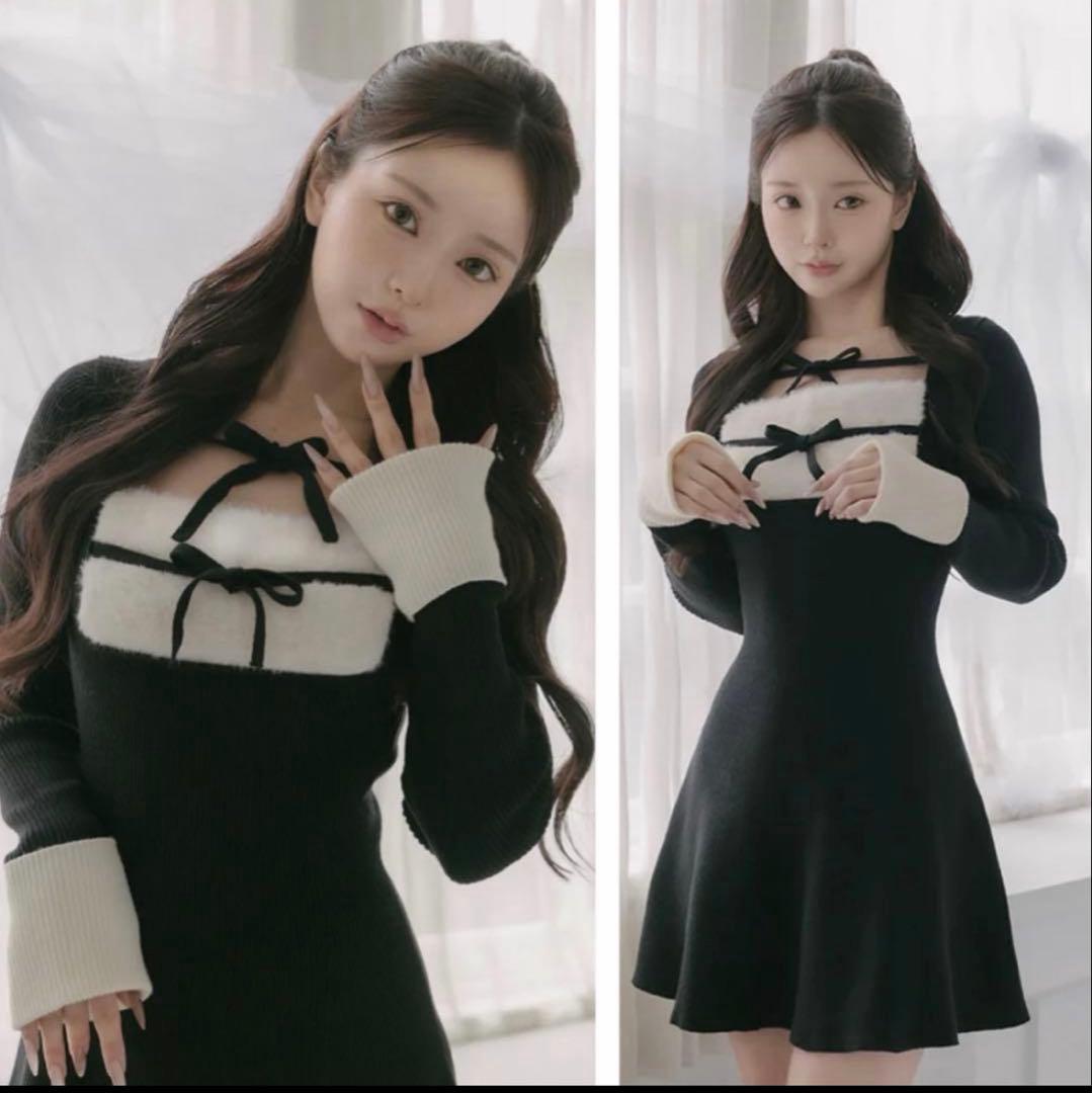 Darich リボンファーフレアニットミニワンピース BLK・FL