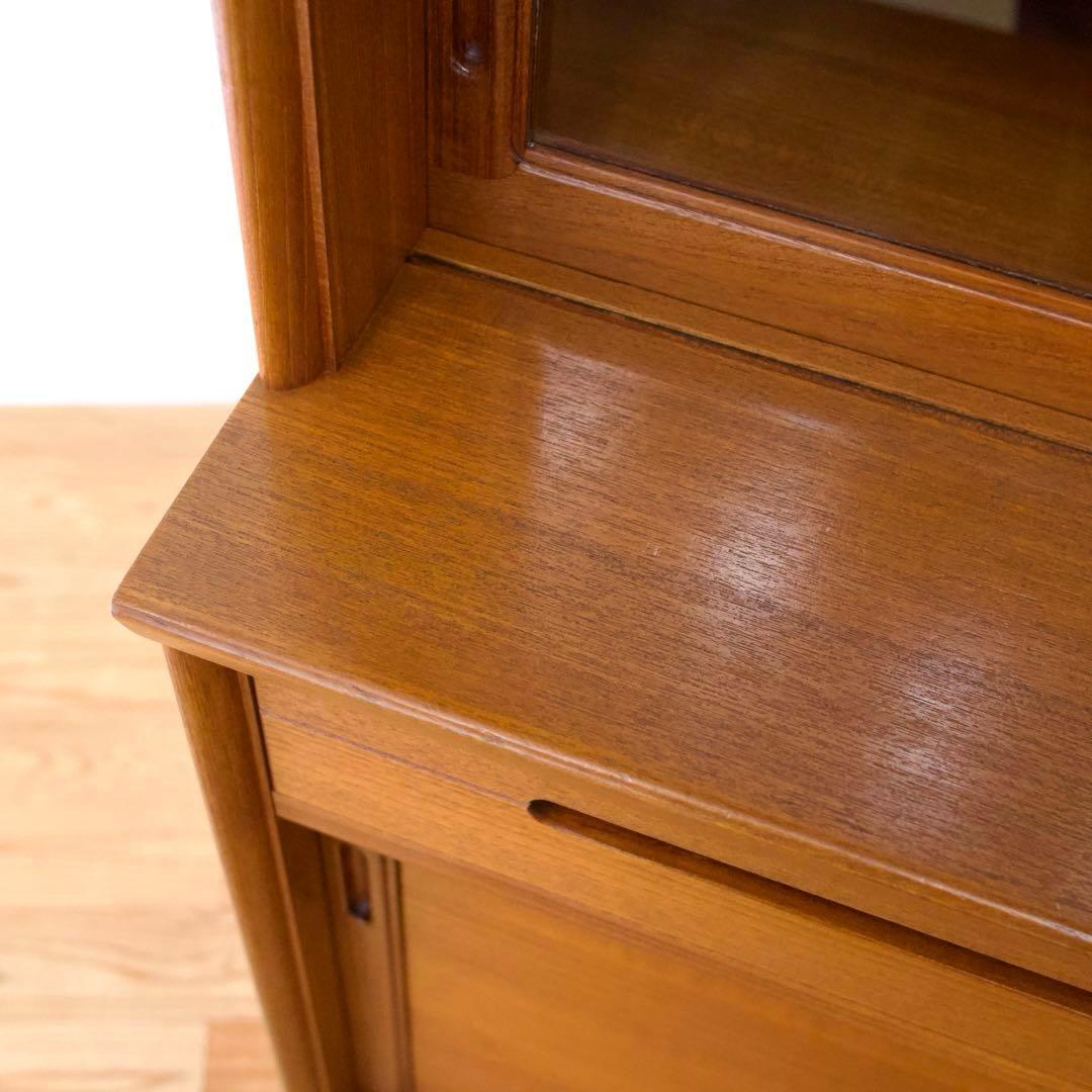 日田工芸 チーク材 食器棚 ガラスキャビネット 面取りガラス 引戸 80年代