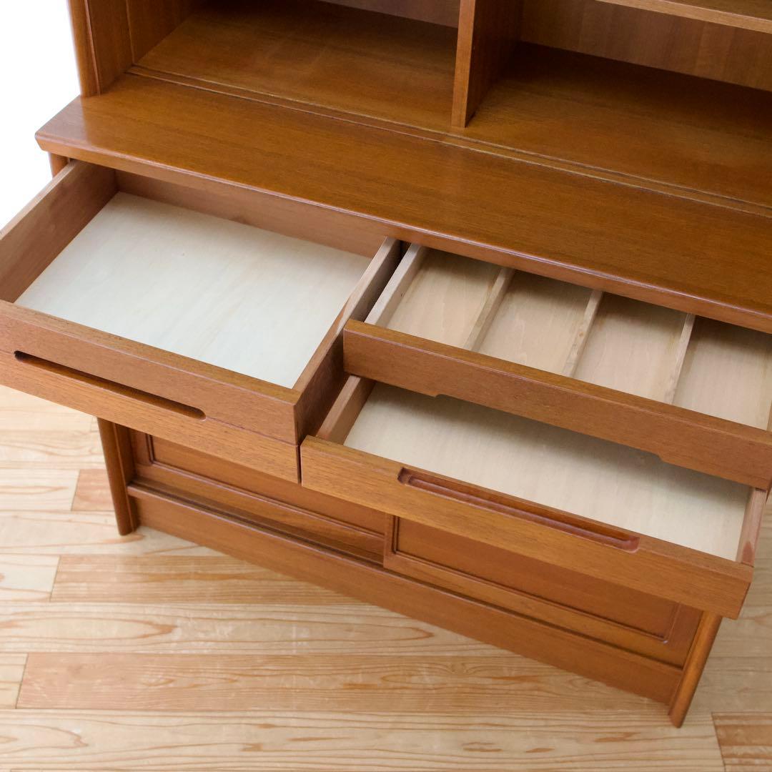 日田工芸 チーク材 食器棚 ガラスキャビネット 面取りガラス 引戸 80年代