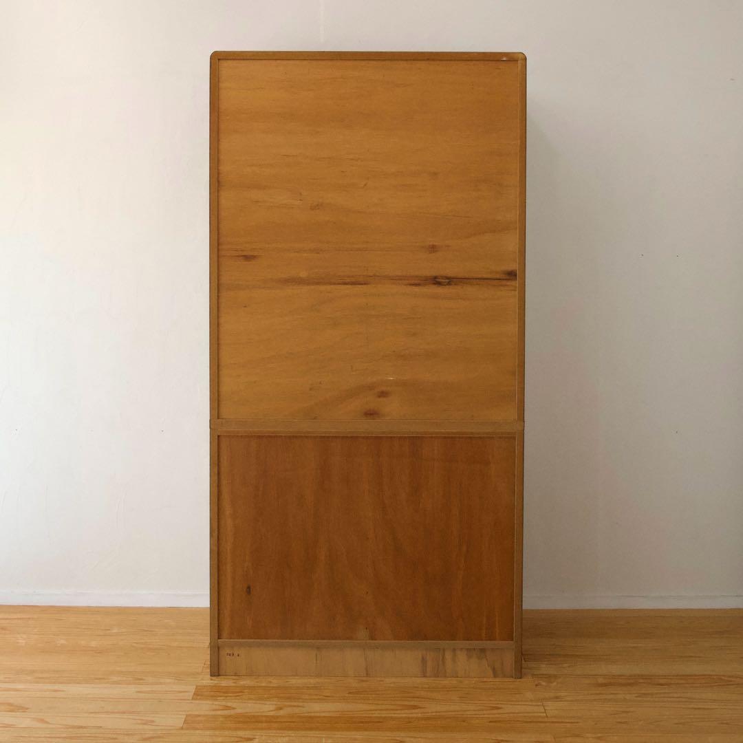 日田工芸 チーク材 食器棚 ガラスキャビネット 面取りガラス 引戸 80年代