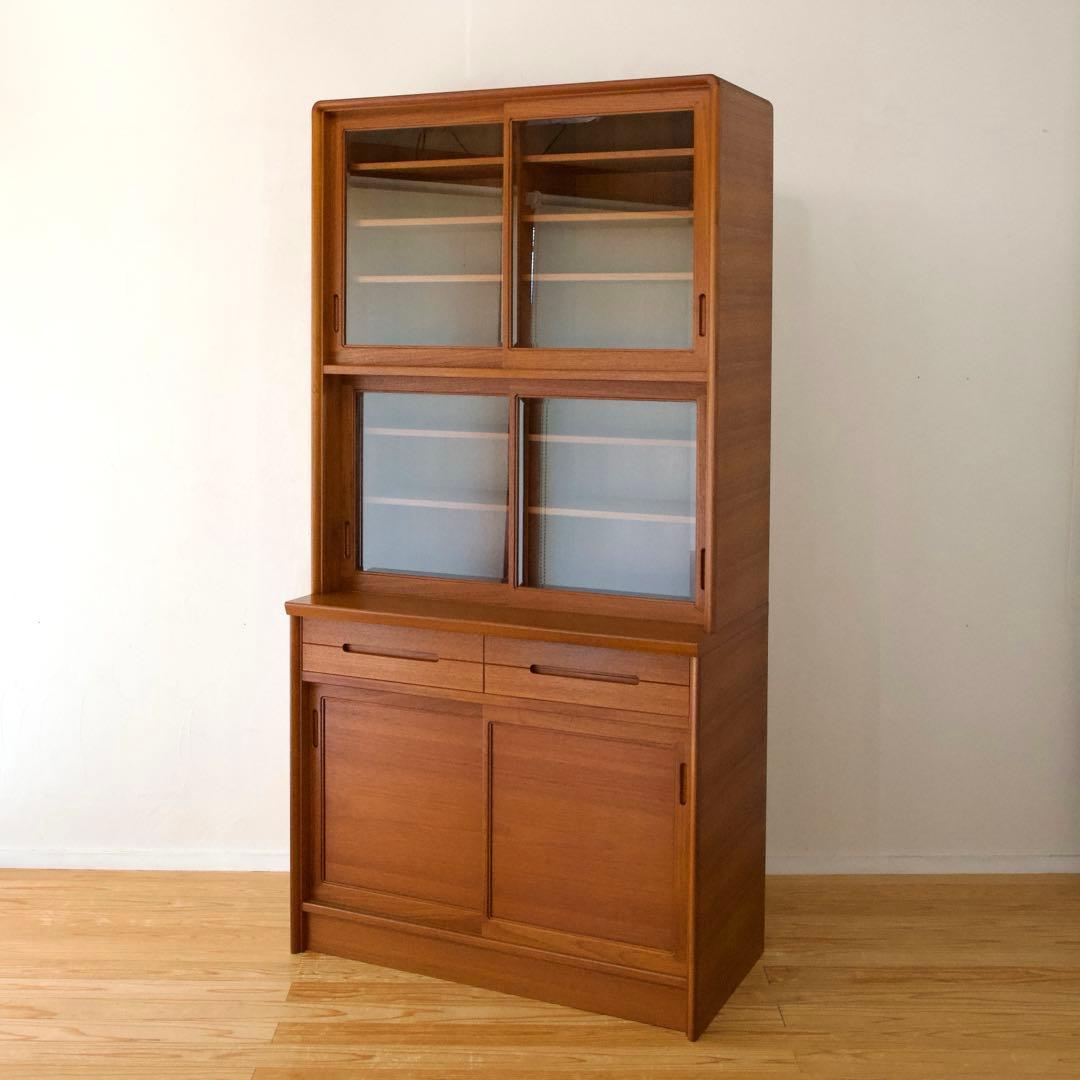 日田工芸 チーク材 食器棚 ガラスキャビネット 面取りガラス 引戸 80年代