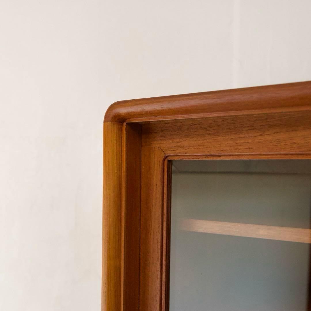 日田工芸 チーク材 食器棚 ガラスキャビネット 面取りガラス 引戸 80年代