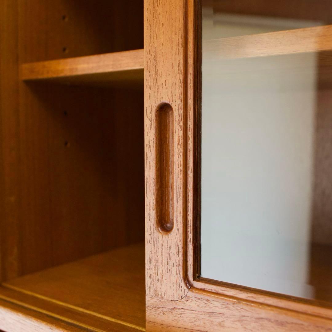 日田工芸 チーク材 食器棚 ガラスキャビネット 面取りガラス 引戸 80年代