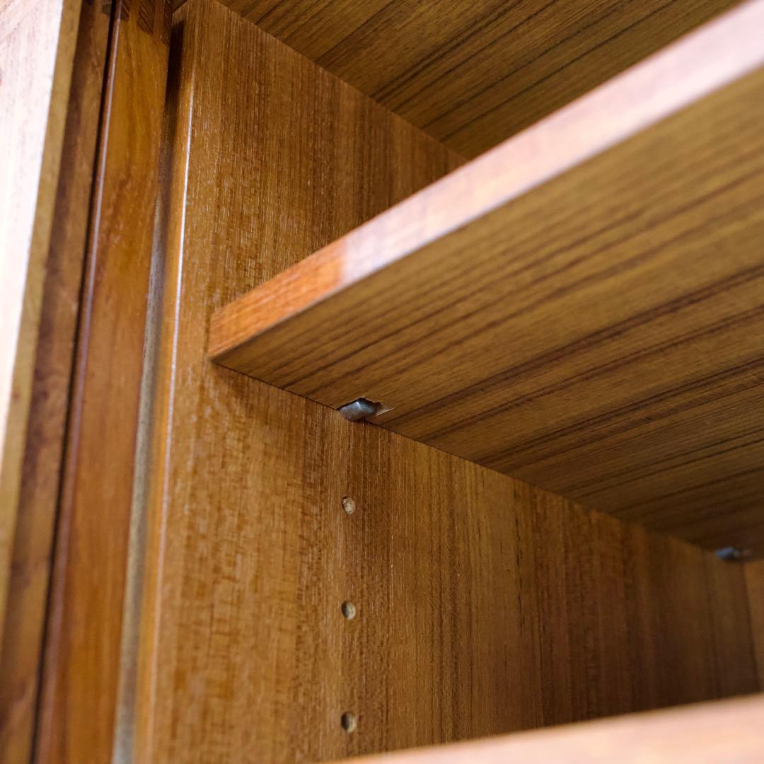 日田工芸 チーク材 食器棚 ガラスキャビネット 面取りガラス 引戸 80年代