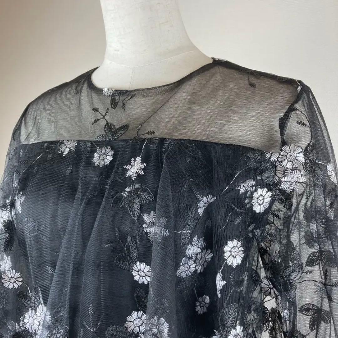 【タグ付】retica レティカ シースルー七分袖花柄刺繍ロングパーティードレス