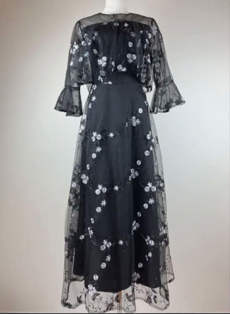 【タグ付】retica レティカ シースルー七分袖花柄刺繍ロングパーティードレス