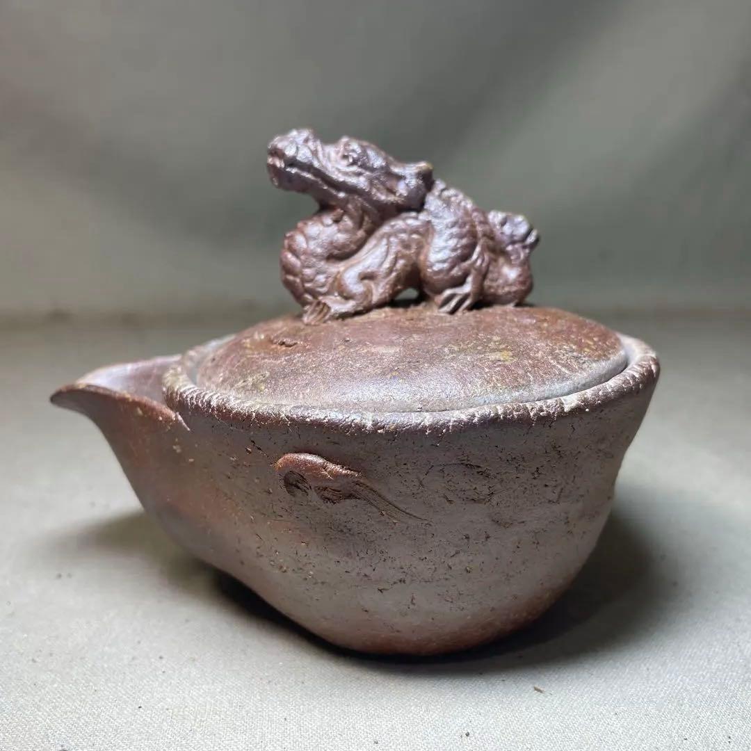 ト*ー様 備前焼　備前手造り龍宝瓶　獅子宝瓶 在銘 ２点セット 煎茶器 急須 煎