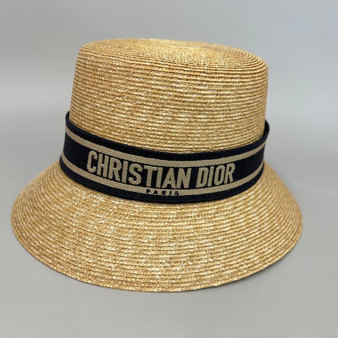 ディオール ロゴ ストローハット 麦わら 帽子 リボン ネイビー 56