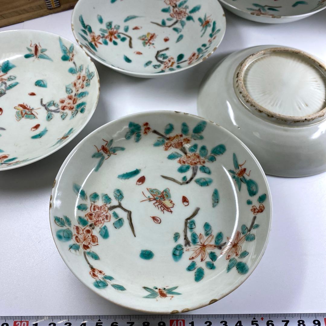 中国明時代　南京赤絵中皿5枚　木箱付　直径15㎝　東Y7-0210☆2Fトヒチサ