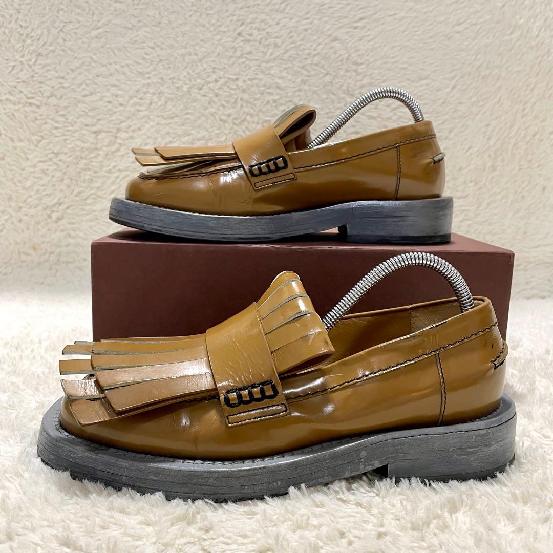 MARNI マルニ フリンジ キルト レザー 厚底ローファー キャメル 36