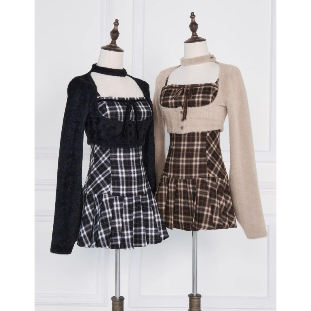 BunnyLis ブラック 黒 ファーボレロ×チェックミニワンピ