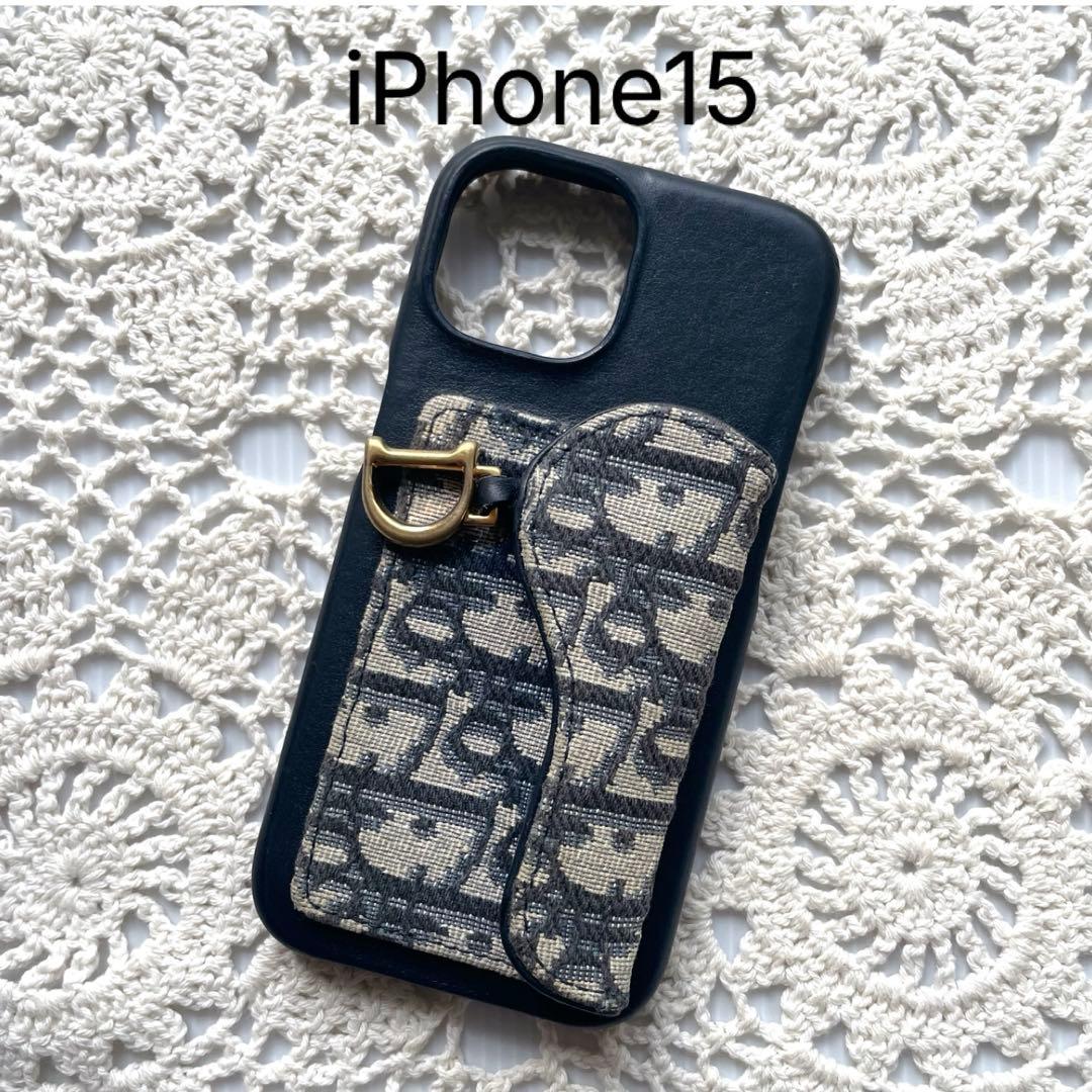 美品Dior iPhoneケース　アイフォン15オブリーク　サドル　ネイビー