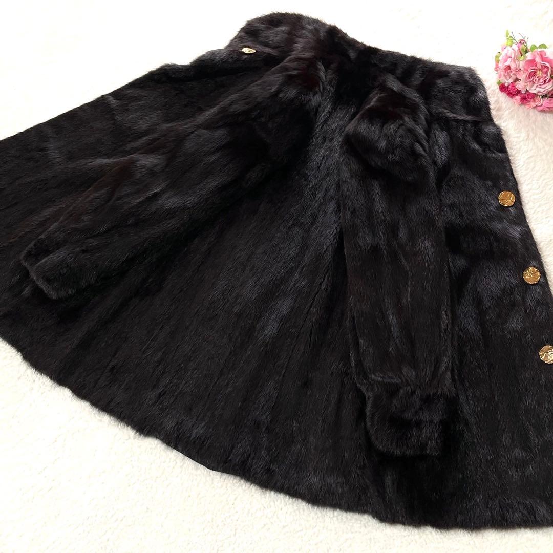 ブラックグラマ 金ボタン ミンク 毛皮 コート リアルファー L相当 毛並み◎