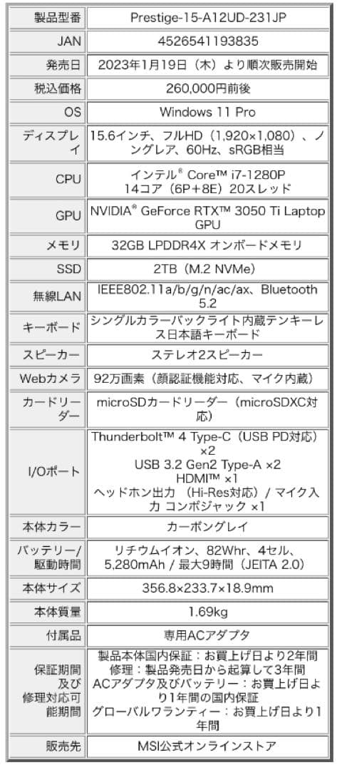 ジャンク MSI Prestige-15-A12UD-231JP