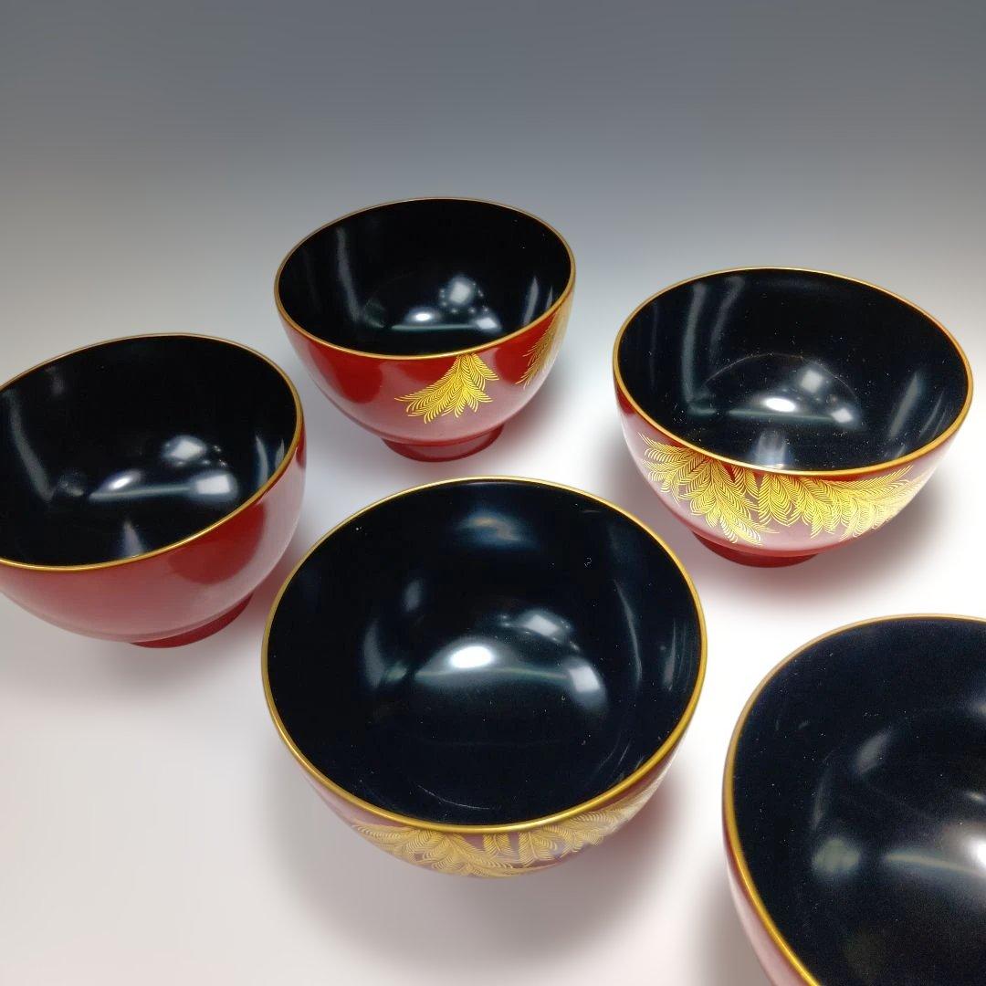 輪島塗　蒔絵沈金塗　吸物椀五客　共箱　 美品