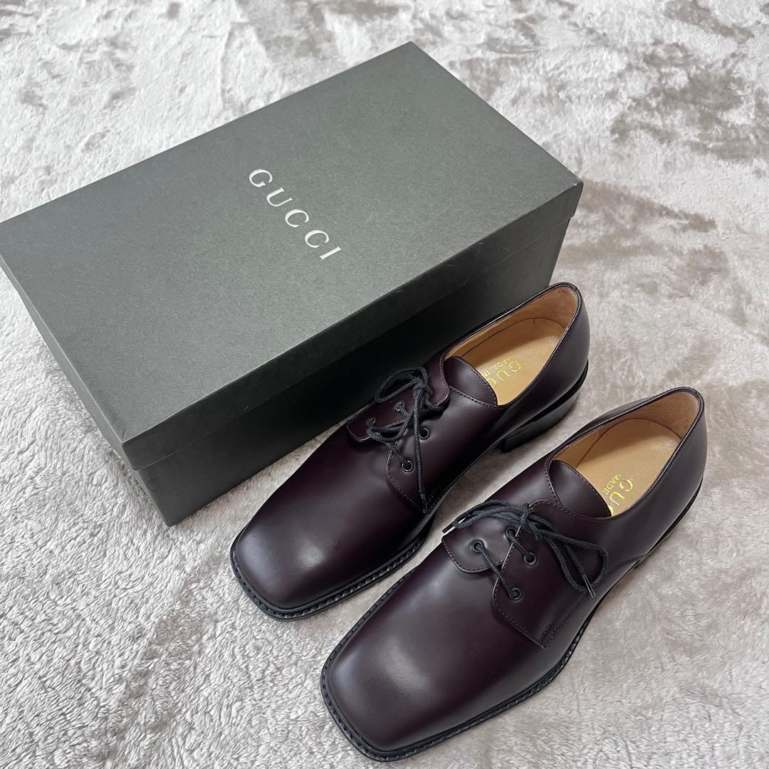 極美品　グッチ　レザー　スクエアトゥ　レースアップ　シューズ　革靴　ブラウン