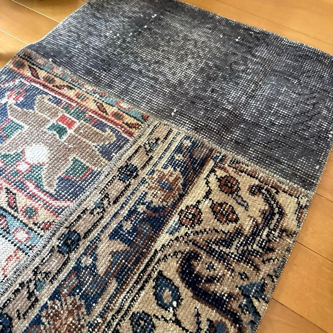 49×100 グレイ×ボタニカル　大人パッチワーク　トルコヴィンテージラグ