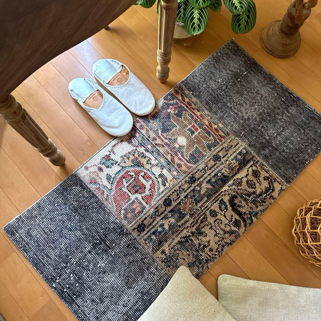 49×100 グレイ×ボタニカル　大人パッチワーク　トルコヴィンテージラグ