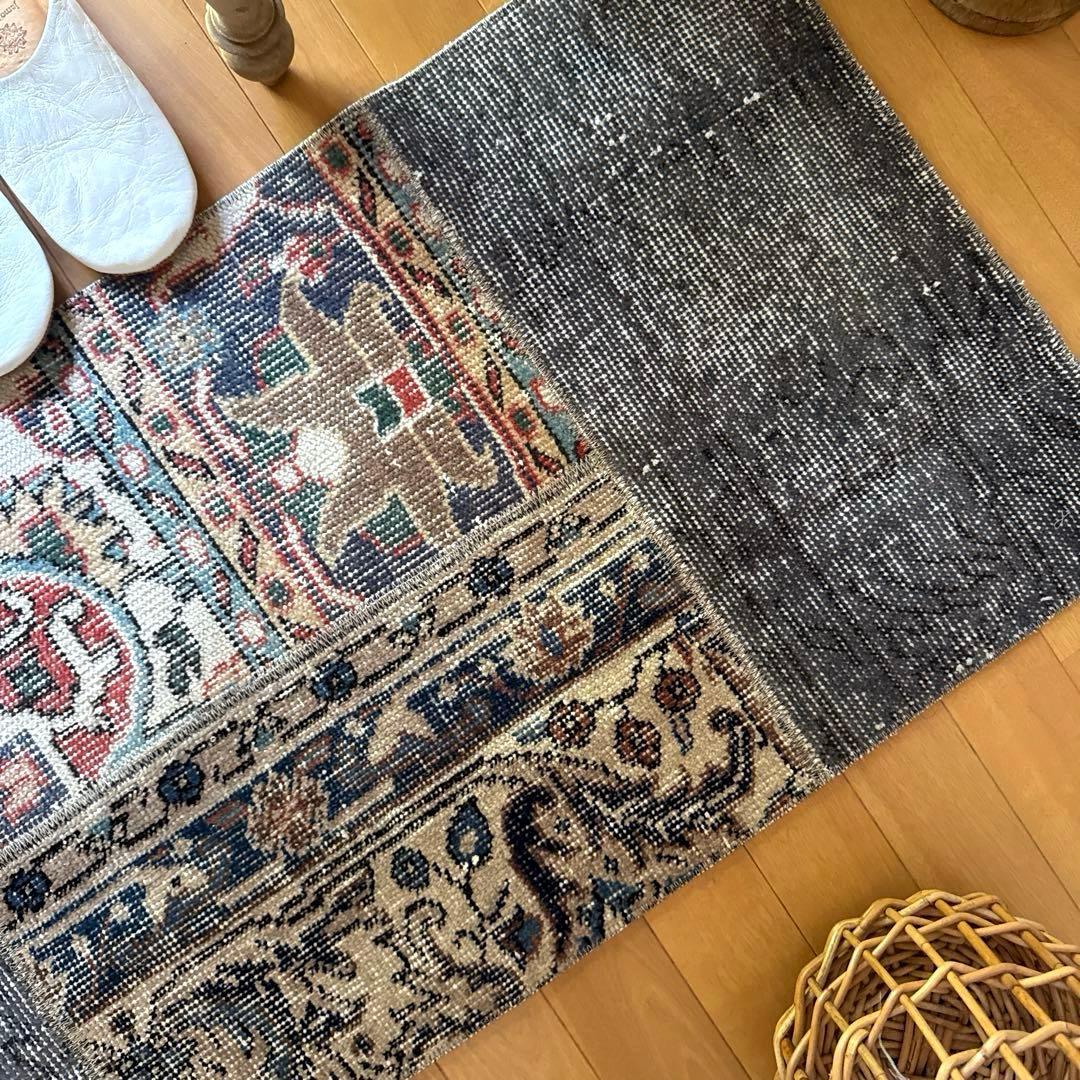 49×100 グレイ×ボタニカル　大人パッチワーク　トルコヴィンテージラグ
