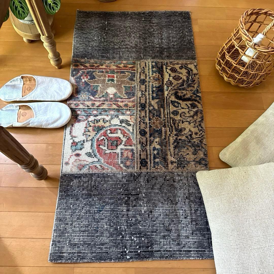 49×100 グレイ×ボタニカル　大人パッチワーク　トルコヴィンテージラグ