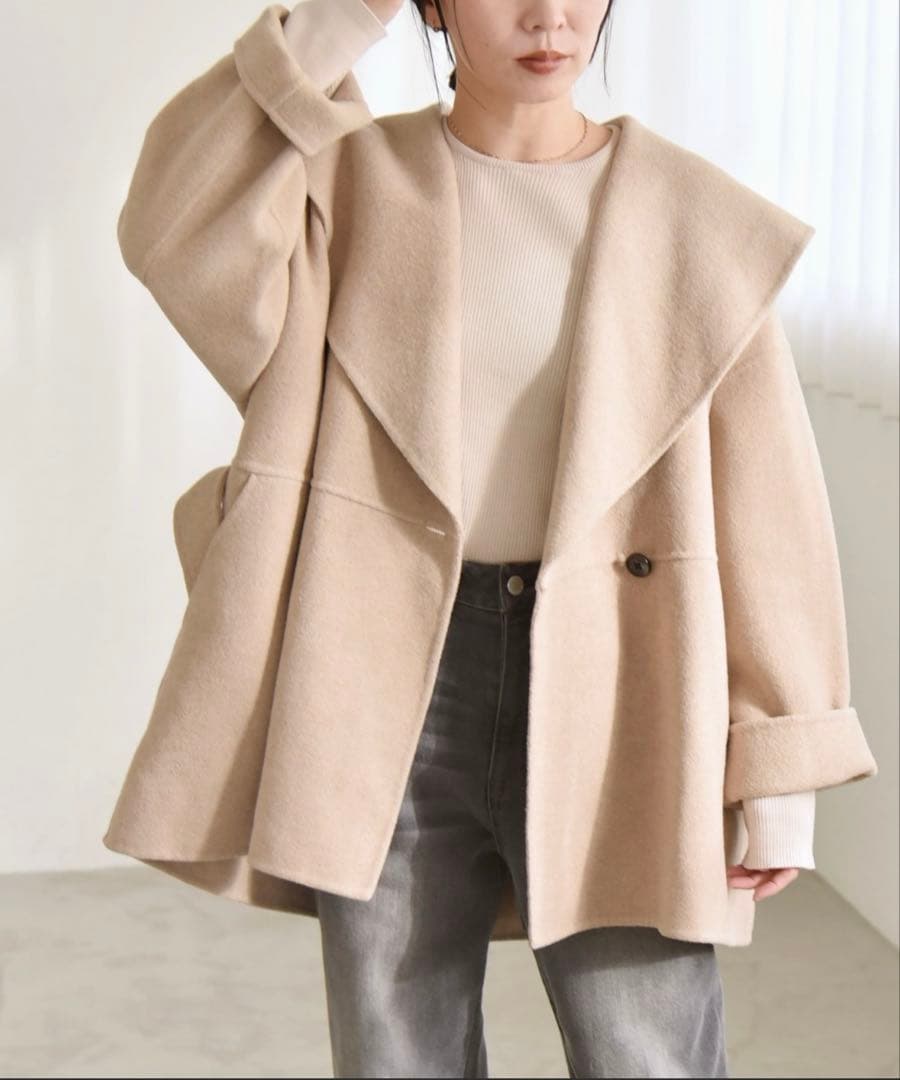 quaranciel リバーケープショートコート ウール混ベルト付ベージュ