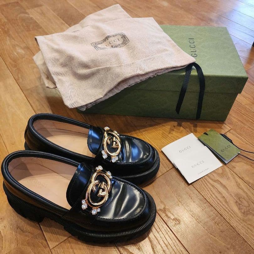 グッチ インターロッキングG レザー ローファー　36 ブラック　厚底