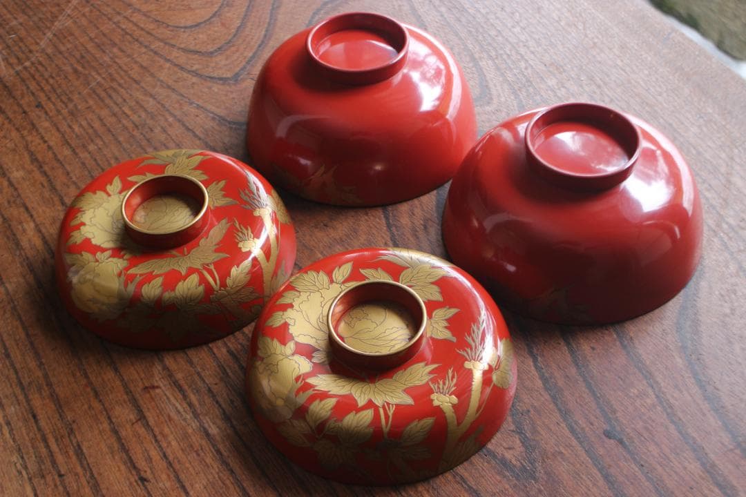 時代逸品！上質朱漆に極上牡丹蒔絵の映えるお椀2点（検輪島塗蒔絵椀吸い物椀