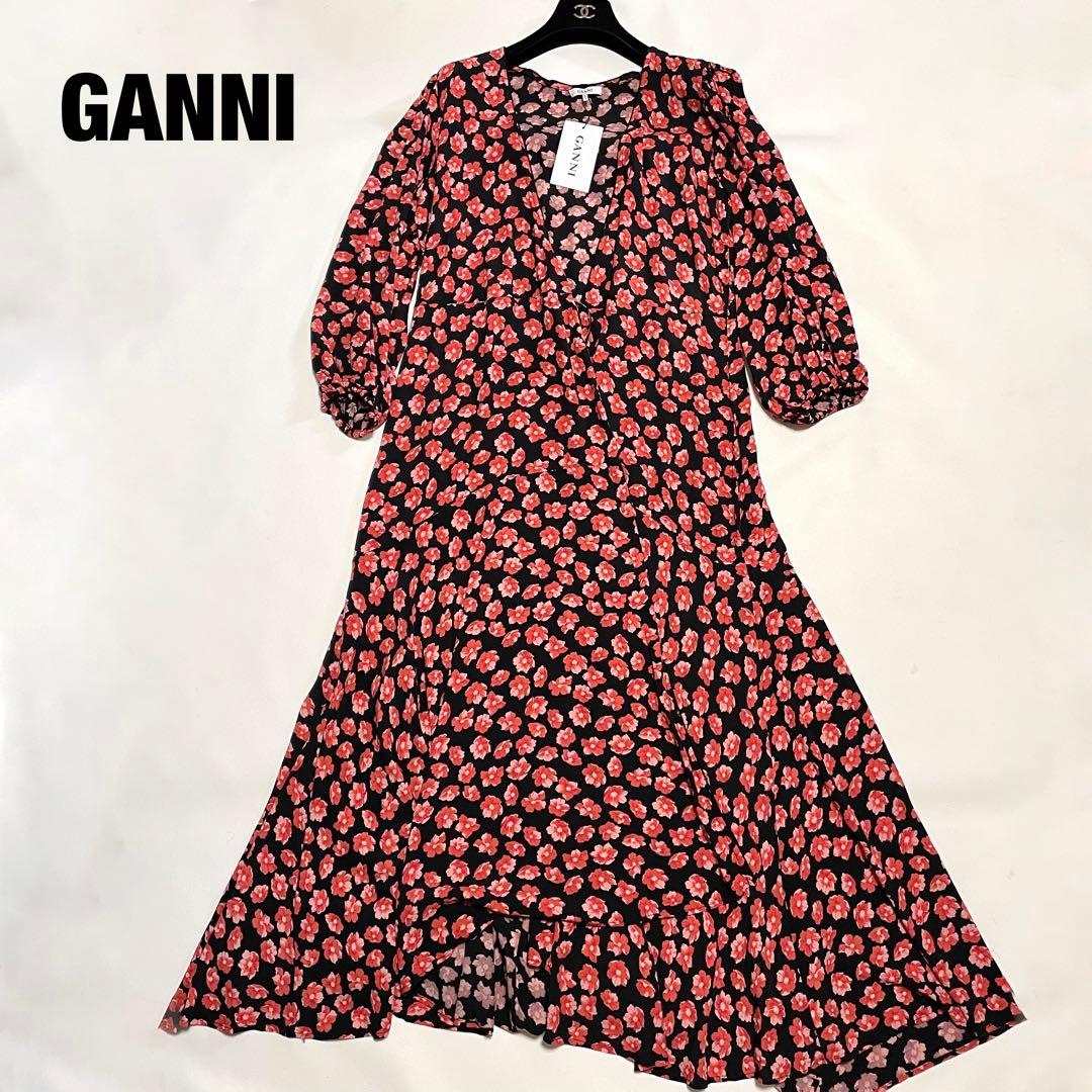 極美品 GANNI 花柄ラップワンピース カシュクール Aライン 40 赤 黒