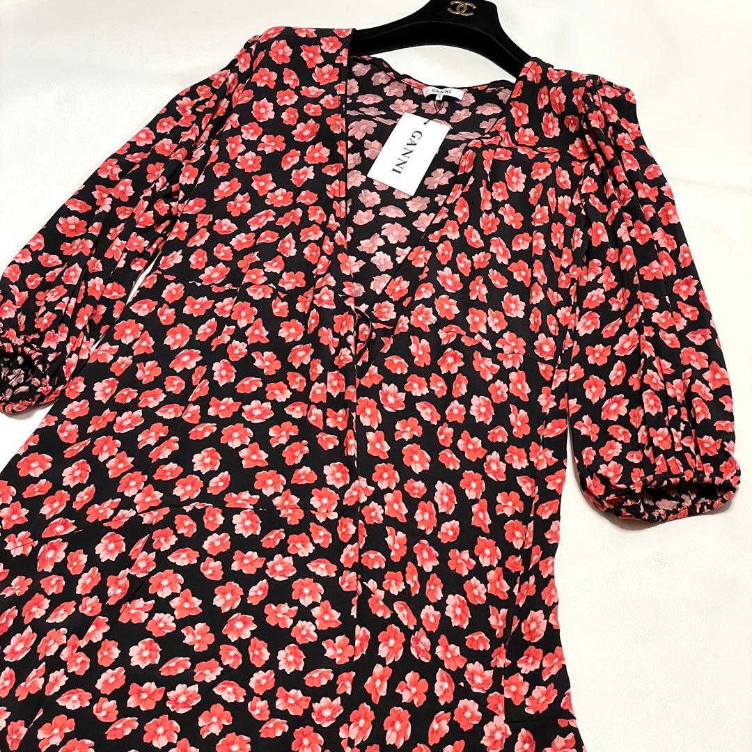 極美品 GANNI 花柄ラップワンピース カシュクール Aライン 40 赤 黒