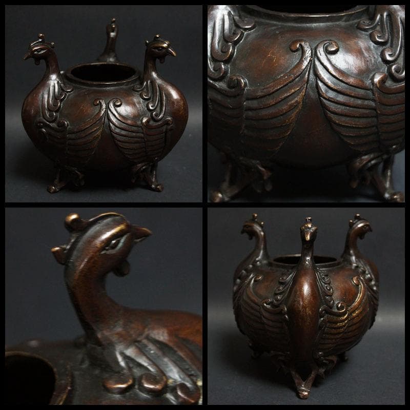明治期 古銅製 了谷造 金工細工『鳳凰文』香炉 鹿摘 透かし蓋 三足香炉