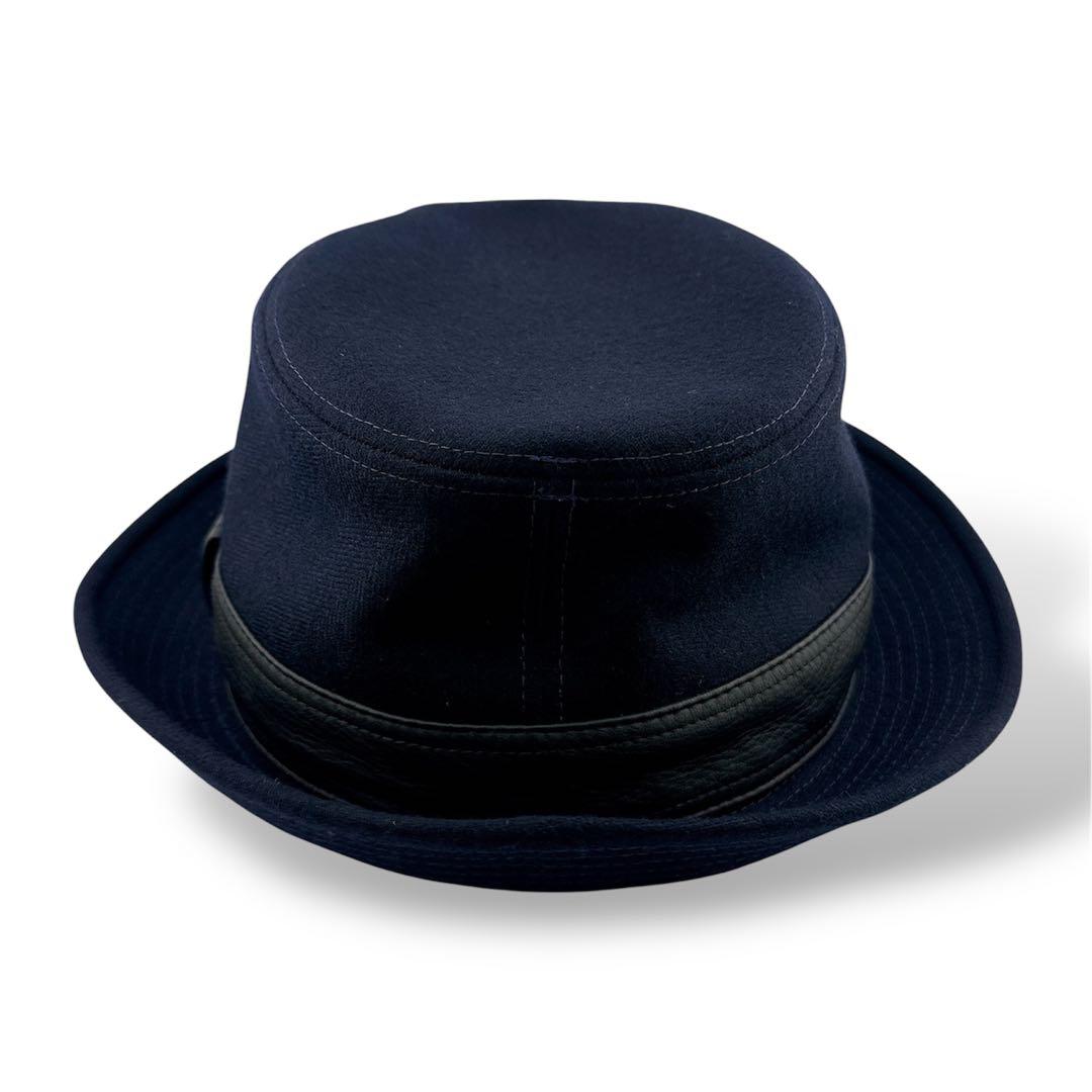 極美品◇エルメス ウール ハット 中折れハット ヘリンボーン織り ネイビー系