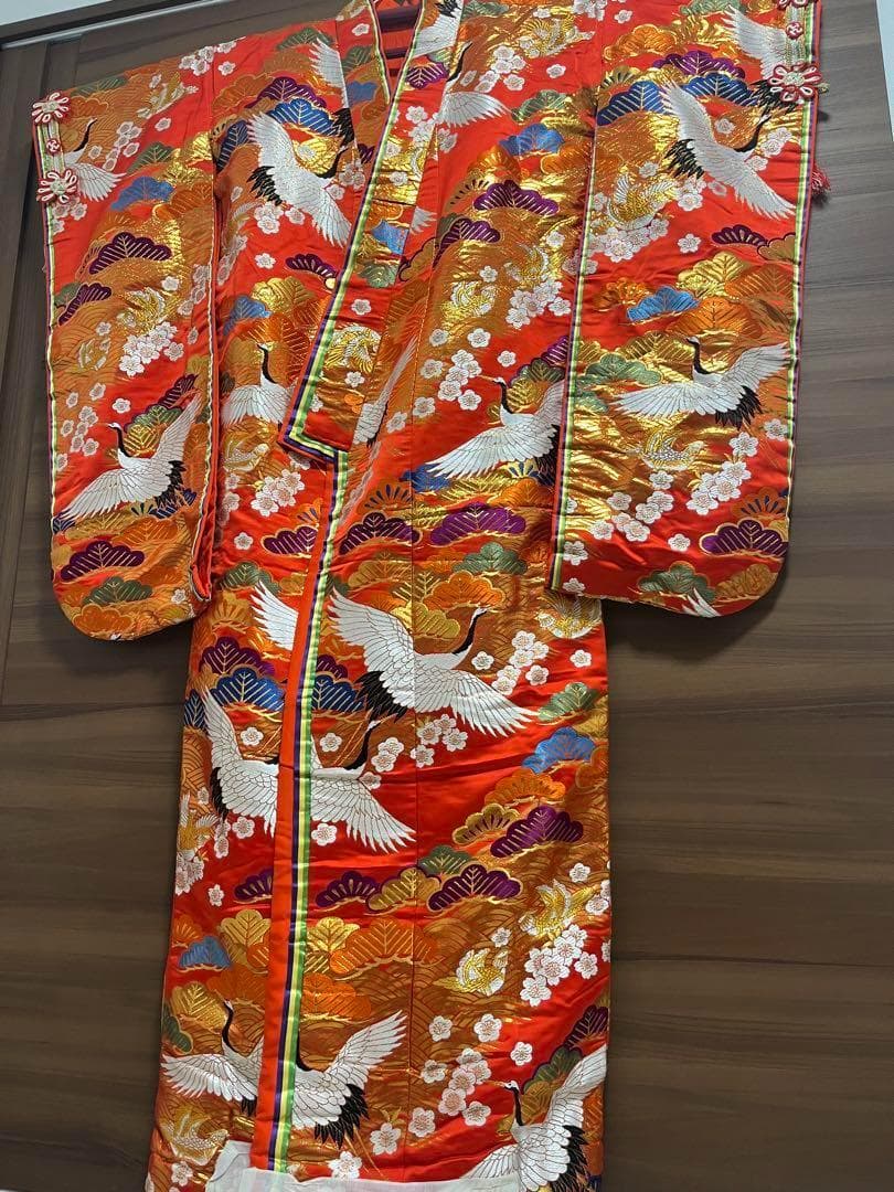オレンジ 鶴刺繍 長襦袢　着物　色打掛