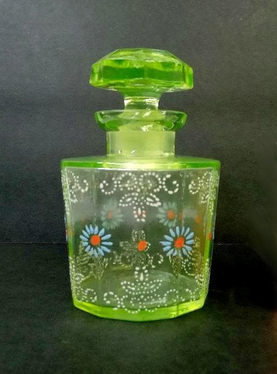 ★P0101★アンティーク　ウランガラス　エナメル花絵 　蓋付き瓶