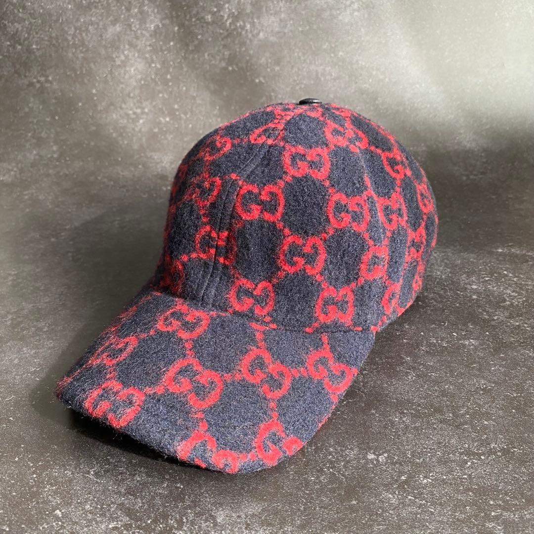 希少　グッチ　GUCCI　ベースボールキャップ　帽子　GG柄　ウール　黒　赤