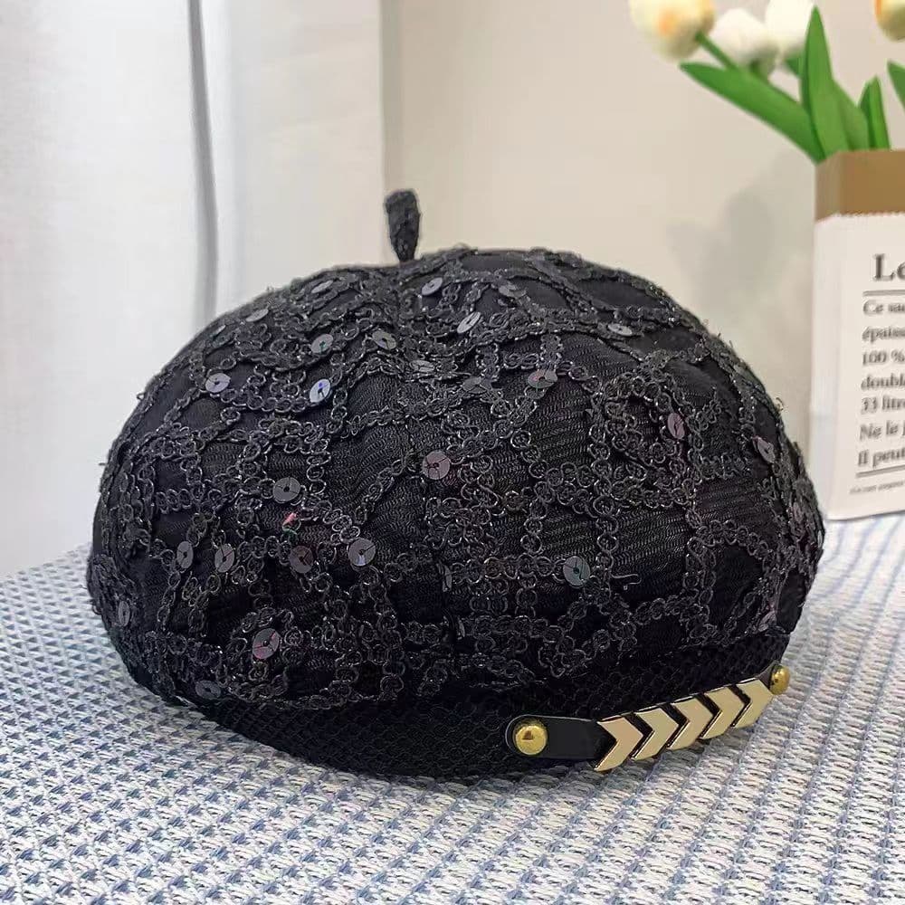 レーススパンコール黒ベレー帽
