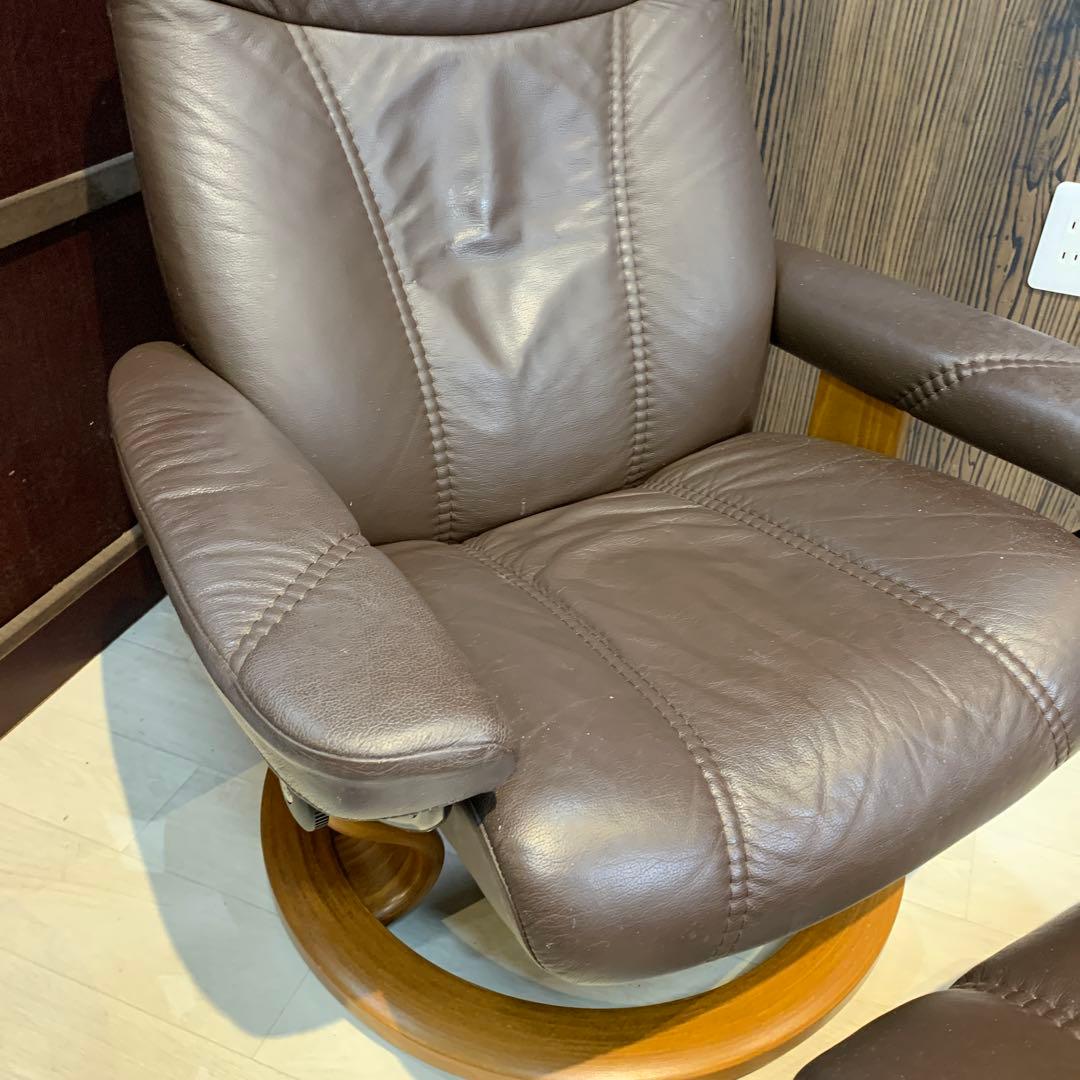 エコーネス　ブラウン レザー リクライニングチェア オットマン付き
