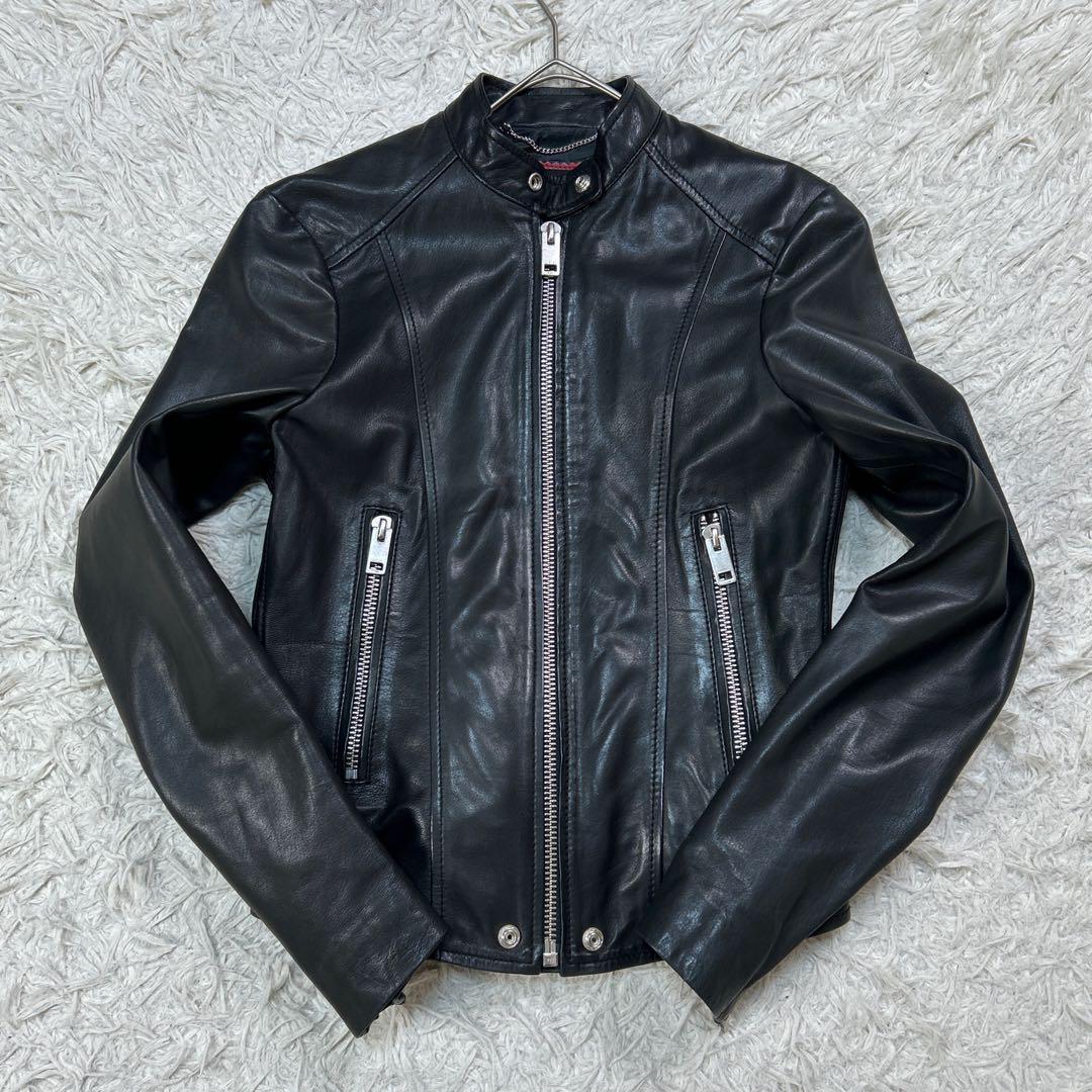 【美品】ディーゼル シングル ライダースジャケット ラムレザー XS ブラック