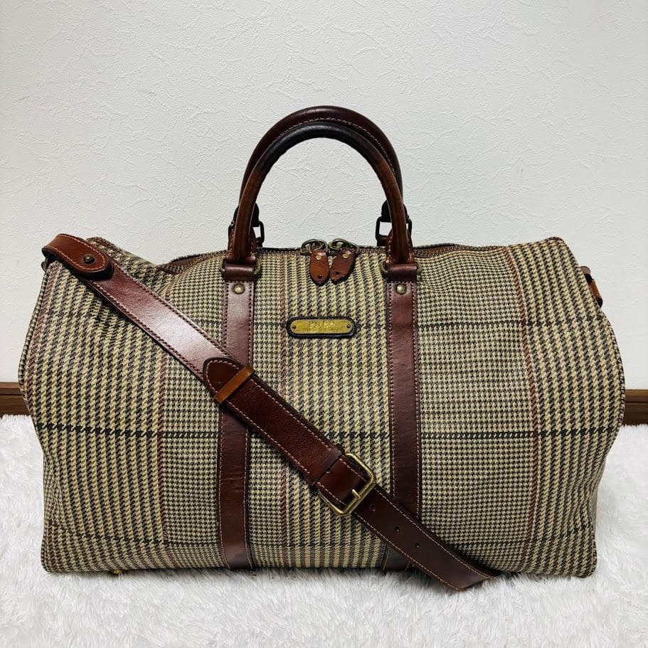 希少 ポロ ラルフローレン レザー ボストンバッグ 千鳥柄 2way 大容量
