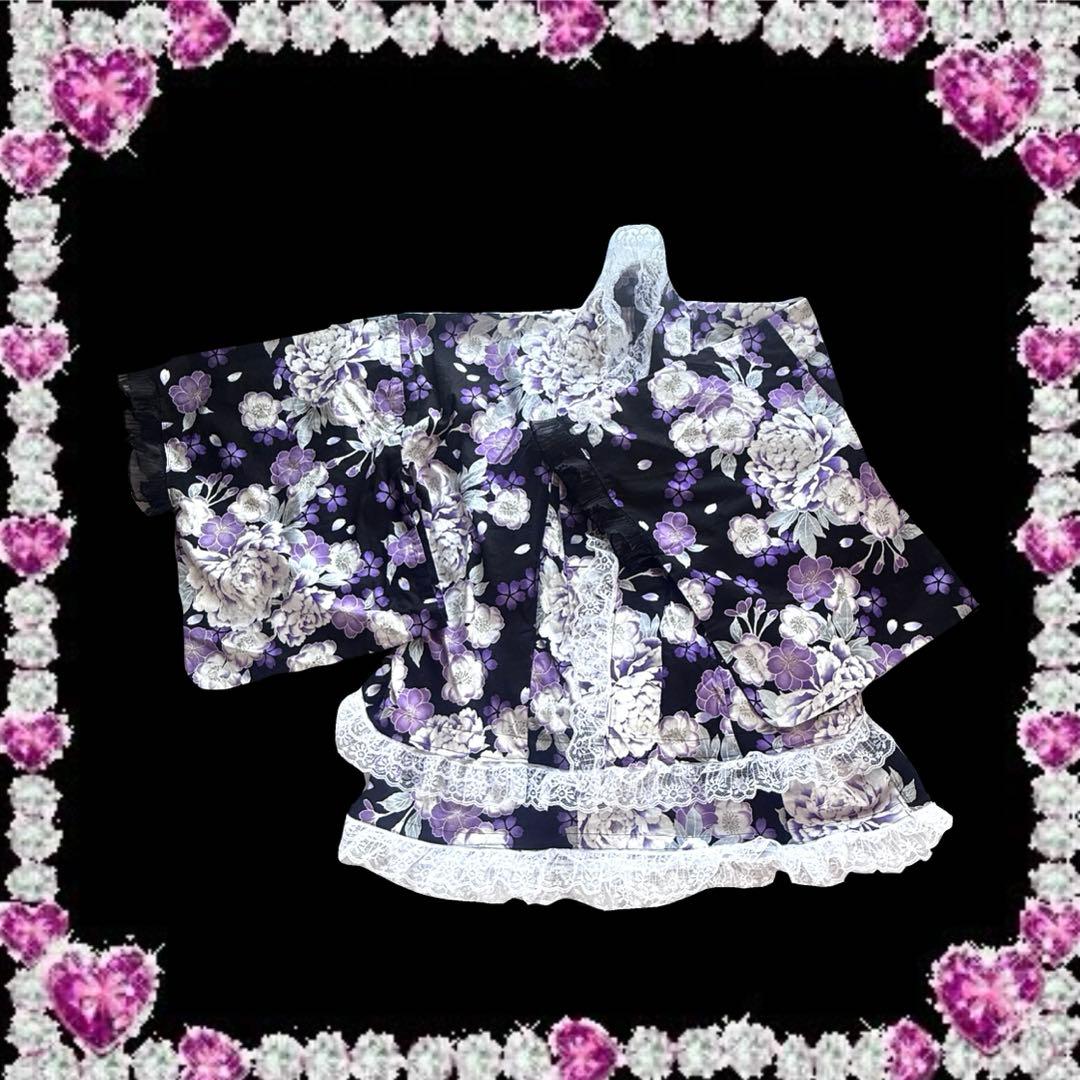 浴衣ドレス 黒紫花柄 浴衣フリフリレース フリル 姫ギャル 地雷