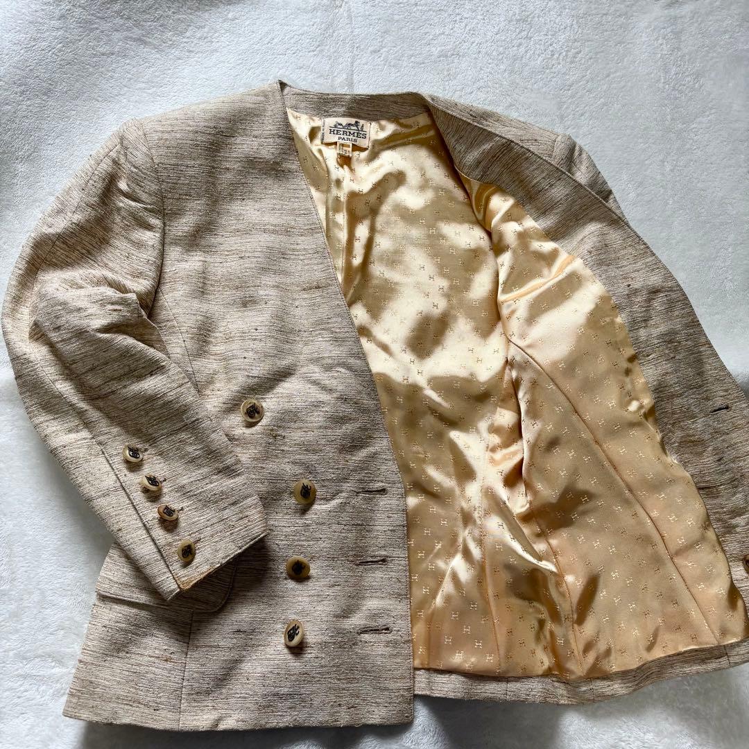 HERMES ジャケット 42 裏地 総柄 ゴールド ロゴ ボタン ブレザー