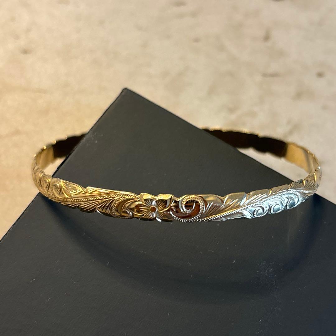 手彫りハワイアンジュエリー　バングル　オーダーメイド　Y G レディース ダイヤ